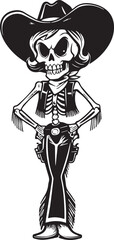 A striking black and white illustration of a skeleton dressed as a cowgirl, complete with a hat and holsters, exuding a bold and edgy Western or Halloween aesthetic