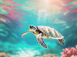 Fototapeta premium Graceful Sea Turtle Swimming in Tropical Waters, a Serene Underwater Scene.