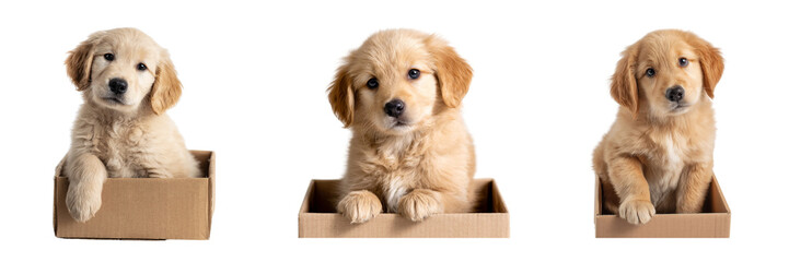 Set of Cute golden retriever puppy in a box isolated on a transparent background
