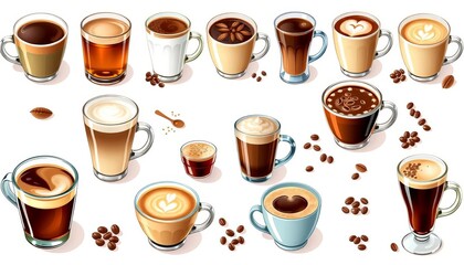 Collection of various coffee beverages in cups, vector illustrations on white,  mocha,  mead