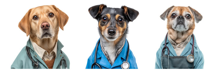 Set of dog doctor with stethoscope and apron look at the camera isolated on a transparent background