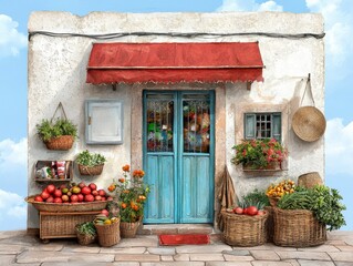 Obraz premium Rustic Mediterranean Storefront with Colorful Flowers and Fresh Produce