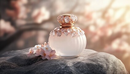 3D rendered perfume bottle with gold cap, adorned with pink and white flowers on grey stone background