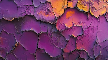 Obraz premium Abstract texture of cracked, vibrant purple and orange paint, showing deep crevices and varied hues