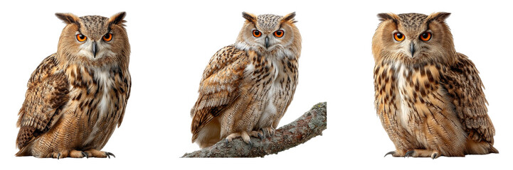 Set of majestic Eurasian eagle-owl with striking orange eyes and feathered ear tufts perches isolated on a transparent background