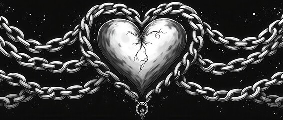 Illustrated gothic heart with ornate chains in black and white artistic style representing love and confinement themes