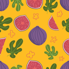 Cute figs seamless vector pattern. Purple figs and leafs, yellow background