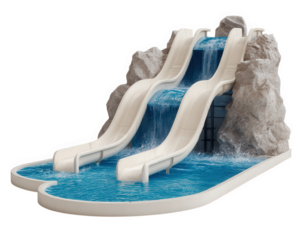 Large water slide model featuring two parallel slides cascading into pool of blue water, surrounded by realistic rock formations. This fun and exciting structure is perfect for summer enjoyment