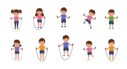 Diverse Children Jumping Rope in Playful Poses