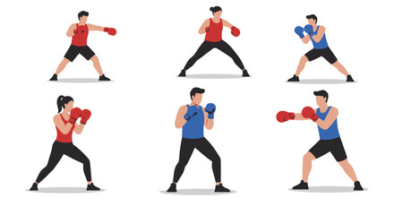 Diverse group of boxers in action poses wearing red and blue boxing gloves