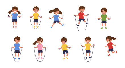 Diverse group of cartoon children skipping rope in colorful outfits
