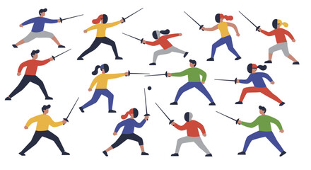 Diverse Group of Fencers Engaged in Dynamic Combat