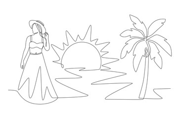 Woman enjoying summer sun on the beach accompanied by coconut trees. Summer concept one-line drawing