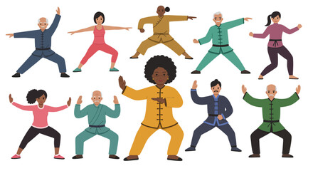 Diverse Seniors Practicing Tai Chi in Various Poses