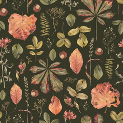 Elegant hand drawn pattern design with illustrations of dried herbs, leaves and flowers. Perfect for home textile, wallpapers, fabrics, apparel, packaging design, stationery and other printed goods