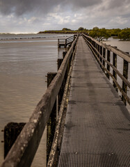 Obraz premium Looking towards the ocean across the tidal wetlands of the Kalang River at the town of Urunga from the Urunga boardwalk, New South Wales, Australia.