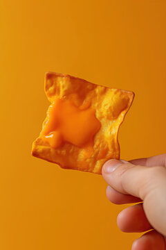 Hand holding cheesy square chip over yellow background. Snack and fast food concept.  
