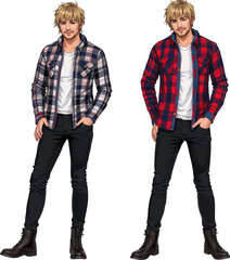 a man in a plaid shirt and black pants standing next to another man in a white shirt and black pants standing next to each other man