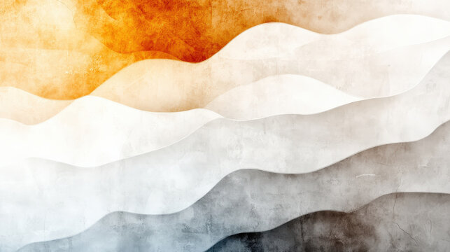 Minimalist wallpaper design with calming blend of gray, white, and orange wavy patterns creating soothing abstract texture