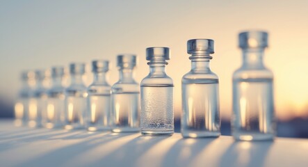 Fototapeta premium Row of Glass Vials with Liquid Against a Blurred Background, Medicine and Science.
