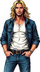 a drawing of a man in blue jeans and a white shirt