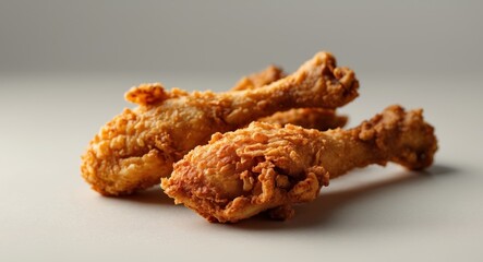 Crispy Fried Chicken Drumsticks on a White Surface, CloseUp Shot for Food Photography.