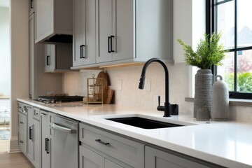Fototapeta premium Gray kitchen cabinets with a white quartz countertop and black fixtures.
