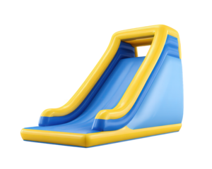 Vibrant inflatable slide featuring blue and yellow design, perfect for outdoor fun and entertainment. This playful structure is ideal for children parties and summer events, bringing joy