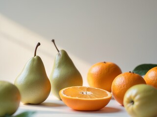 A Fresh and Healthy Still Life of Pears and Oranges, Perfect for a Bright Kitchen.