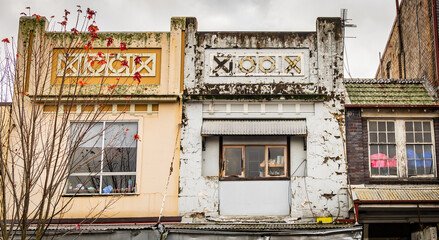 The facades of old rundown buildings in the main street of Katoomba, New South Wales, Australia.