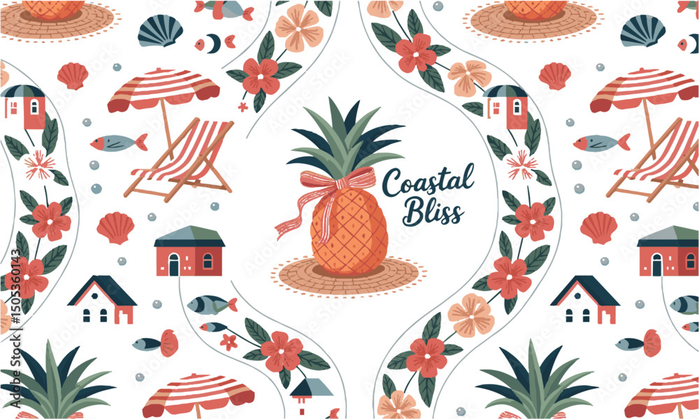 Fototapete modern vector illustration style featuring various hand-drawn summer themes, easily editable and sca
