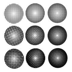 Circle design elements dotted halftone shape collection.Monochrome minimal element vector set. Aesthetic contemporary stripe line art, geometric shape.Elements for business, education and technology. 