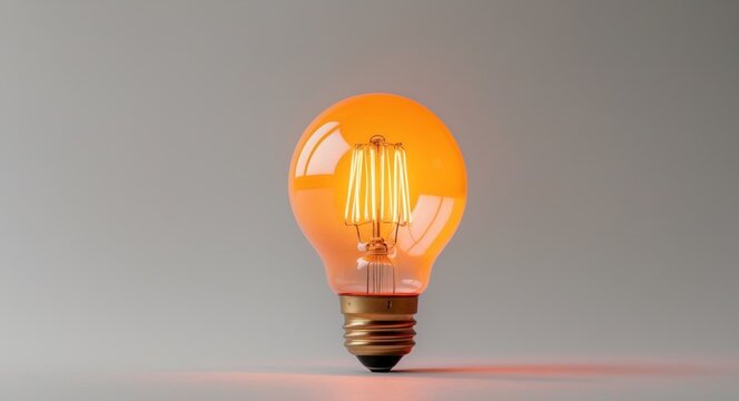 Retro Edison Style Filament Light Bulb Emitting Warm Light on Gray Background.