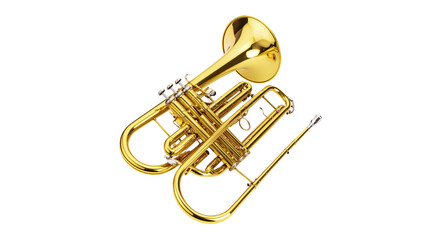 Obraz premium A shiny golden brass trumpet, a beautiful wind instrument, isolated on a white background