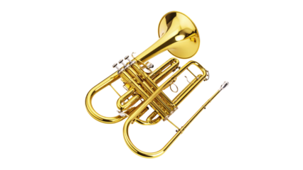 A shiny golden brass trumpet, a beautiful wind instrument, isolated on a white background