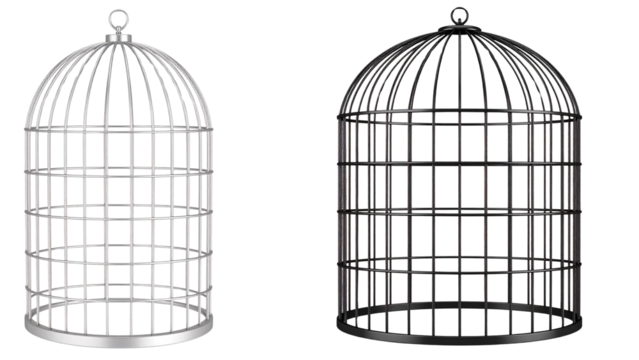 Vintage golden birdcage isolated on white, symbolizing confined freedom or an empty prison