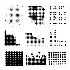 Gradient dither set with bit bg game and background bitmap pattern pixel. Set of black icons. Scribbles and blots.Retro  gradation vector with speckle abstract grid and arcade 2D art white.