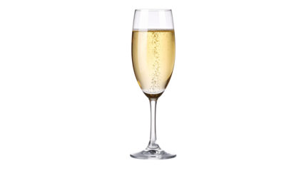 Two champagne glasses with golden bubbly liquid on a white background, ready for a celebration toast