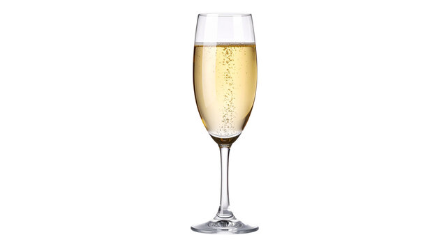 Two champagne glasses with golden bubbly liquid on a white background, ready for a celebration toast