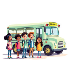 Vsai happy students waiting for school bus, back to school concept