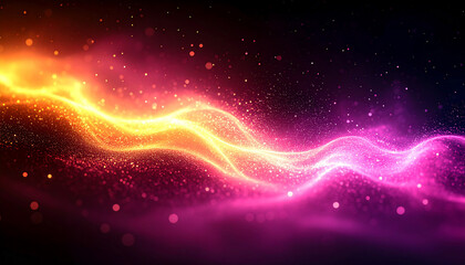 Obraz premium Color light overlay defocused yellow and pink glow, soft radiance texture on dark black background, abstract empty space with smooth gradient, galaxy light effects, dreamy aesthetic background.