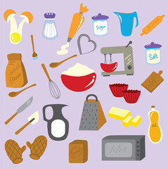 Set of kitchen tools. Cute Baking Sheet and Ingredients Illustration