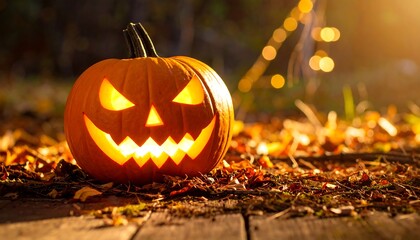 Lit Jackolantern with autumn night.