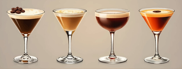 variety of coffee-based cocktails, including a creamy, frothy coffee drink with espresso beans, a coffee-flavored martini