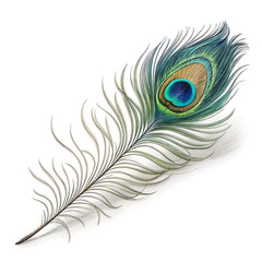 Beautiful peacock feather with a vibrant blue eye pattern, isolated on a clean white background, showcasing its colorful plumage and intricate detail