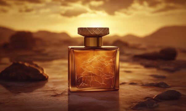 Glass perfume bottle with gold cap featuring unique marble-like design in serene desert landscape