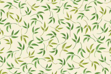 Seamless pattern of leaves in gradient shade of green on white background arranged randomly, can be used for background, textiles, wrapping paper and other decorative purposes.