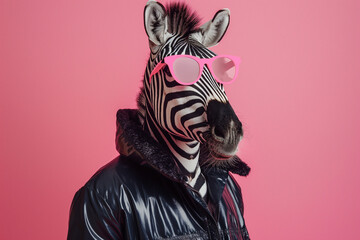 Fashion-themed abstract illustration of a zebra dressed in retro-modern human clothing. A wild animal depicted in a vintage hipster style. Created with generative AI