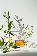 Natural skincare oils in glass vials with herbs and flowers. Botanical beauty and wellness concept.  
