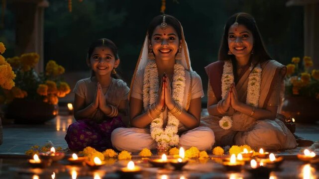 Three female devotees perform a puja at an altar. Indian women are praying with folded hands, surrounded by diyas and flowers. The essence of Diwali worship
